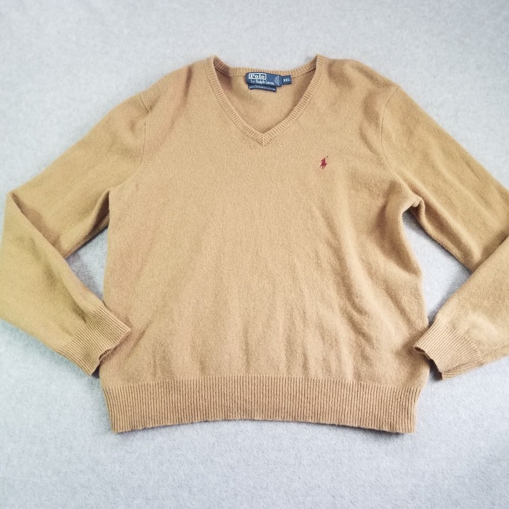 Polo Ralph Lauren Sweater Mens XXL Tan Lambswool V-Neck Knit Pony Pullover